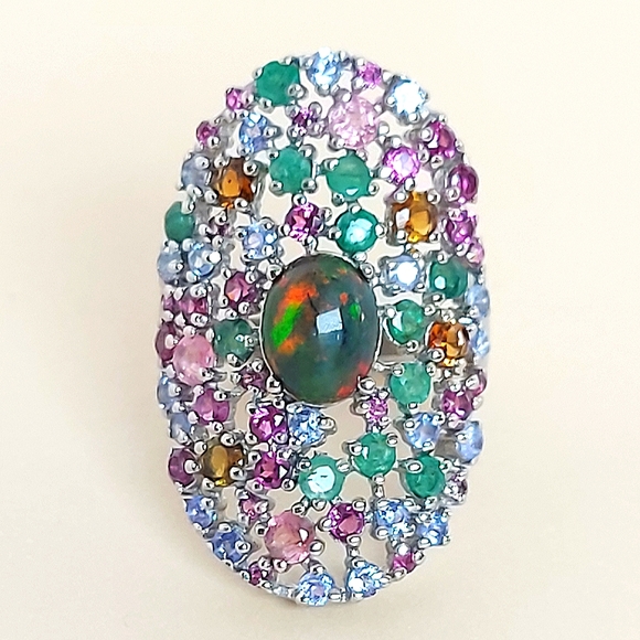 925 Sterling Silver Ring Sz 8 with Natural Black Opal, Emerald, Garnet, Tanzanit - Picture 2 of 7